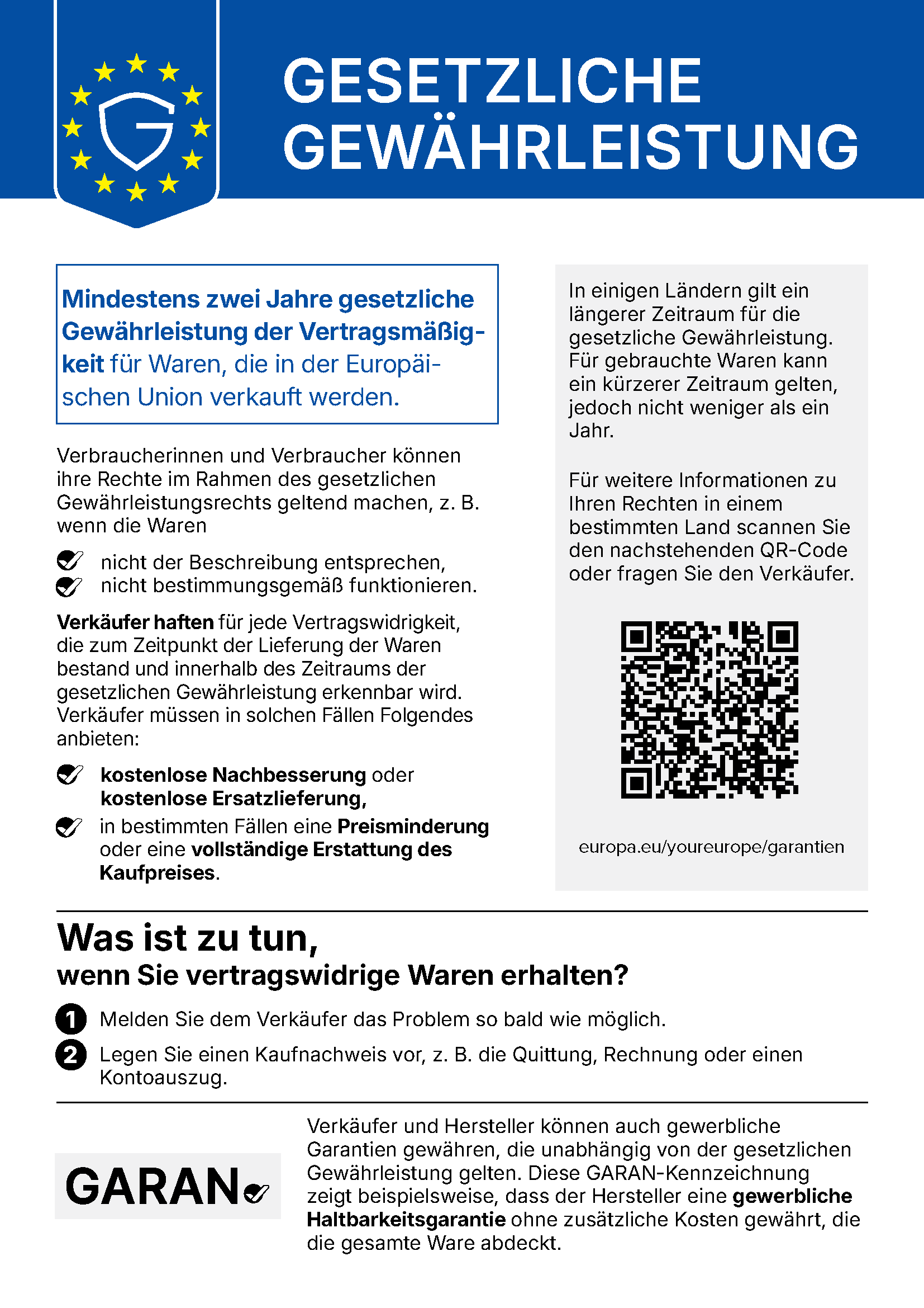 EU notice on the legal guarantee: goods sold in the European Union have a legal guarantee of at least two years.